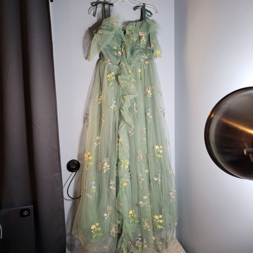 Retro Stage Sage Tulle Embroidered Floral Off Shoulder Garden Fae Corset Dress M